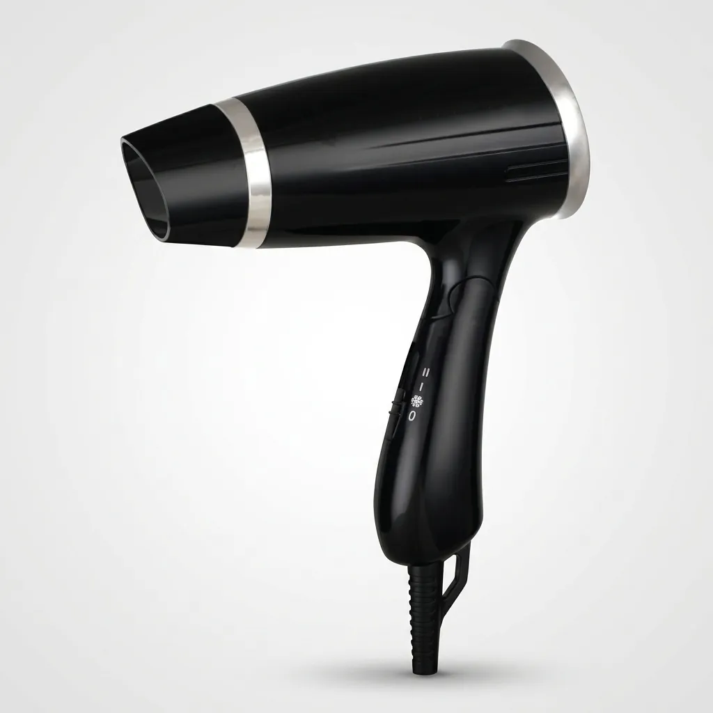 Foldable Hair Dryer 1200W [1034] — HDR-1034 — A foldable 1200W hair dryer with three temperatures including a cool shot and a chrome-finished rear cover. Over-heating protection and a simple on/off button make it reliable for guest use, while the foldable handle saves space. Measures 13x7.4x20cm, available in black or white. CE, CB, GCC and RoHS approved. (image 7)