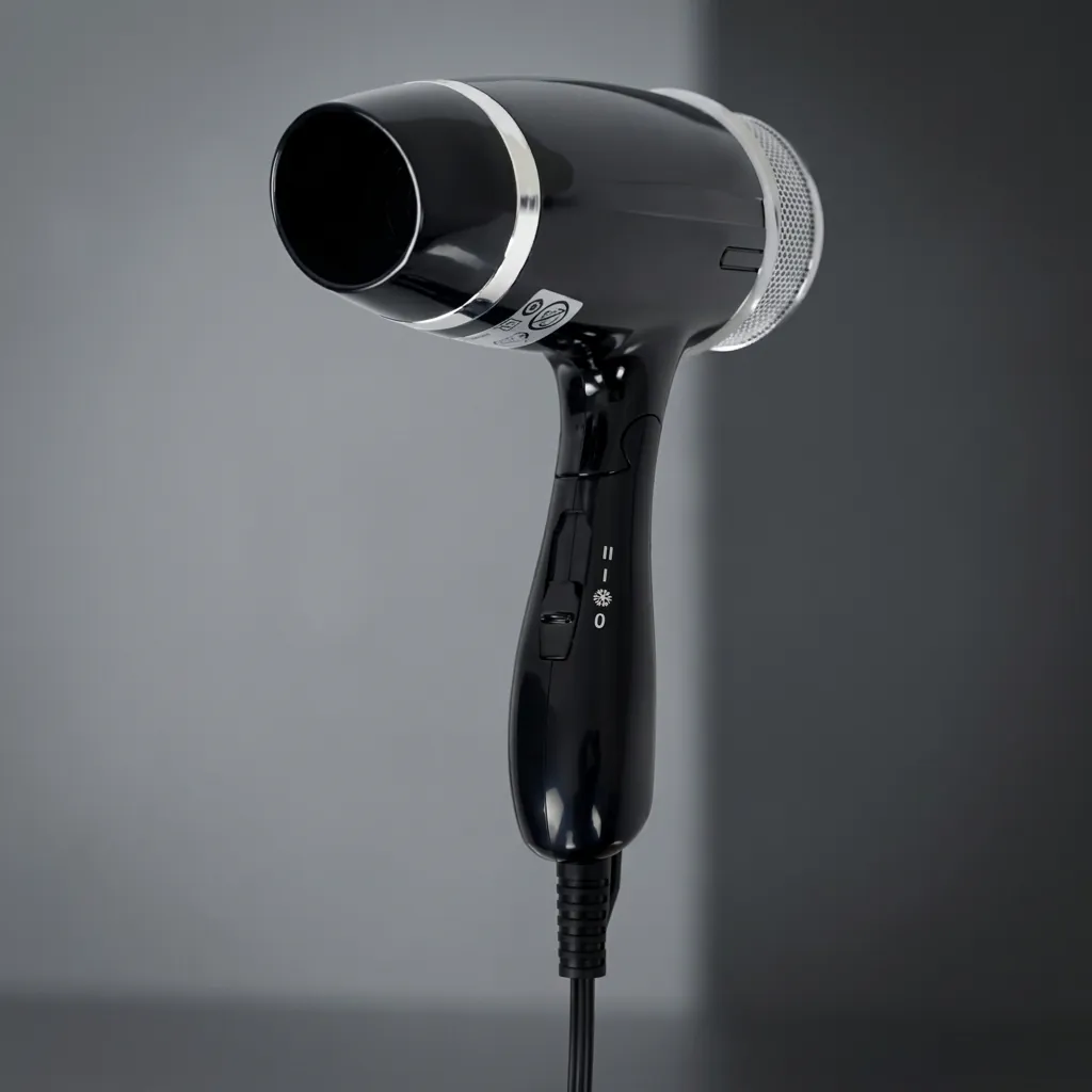 Foldable Hair Dryer 1200W [1034] — HDR-1034 — A foldable 1200W hair dryer with three temperatures including a cool shot and a chrome-finished rear cover. Over-heating protection and a simple on/off button make it reliable for guest use, while the foldable handle saves space. Measures 13x7.4x20cm, available in black or white. CE, CB, GCC and RoHS approved. (image 8)