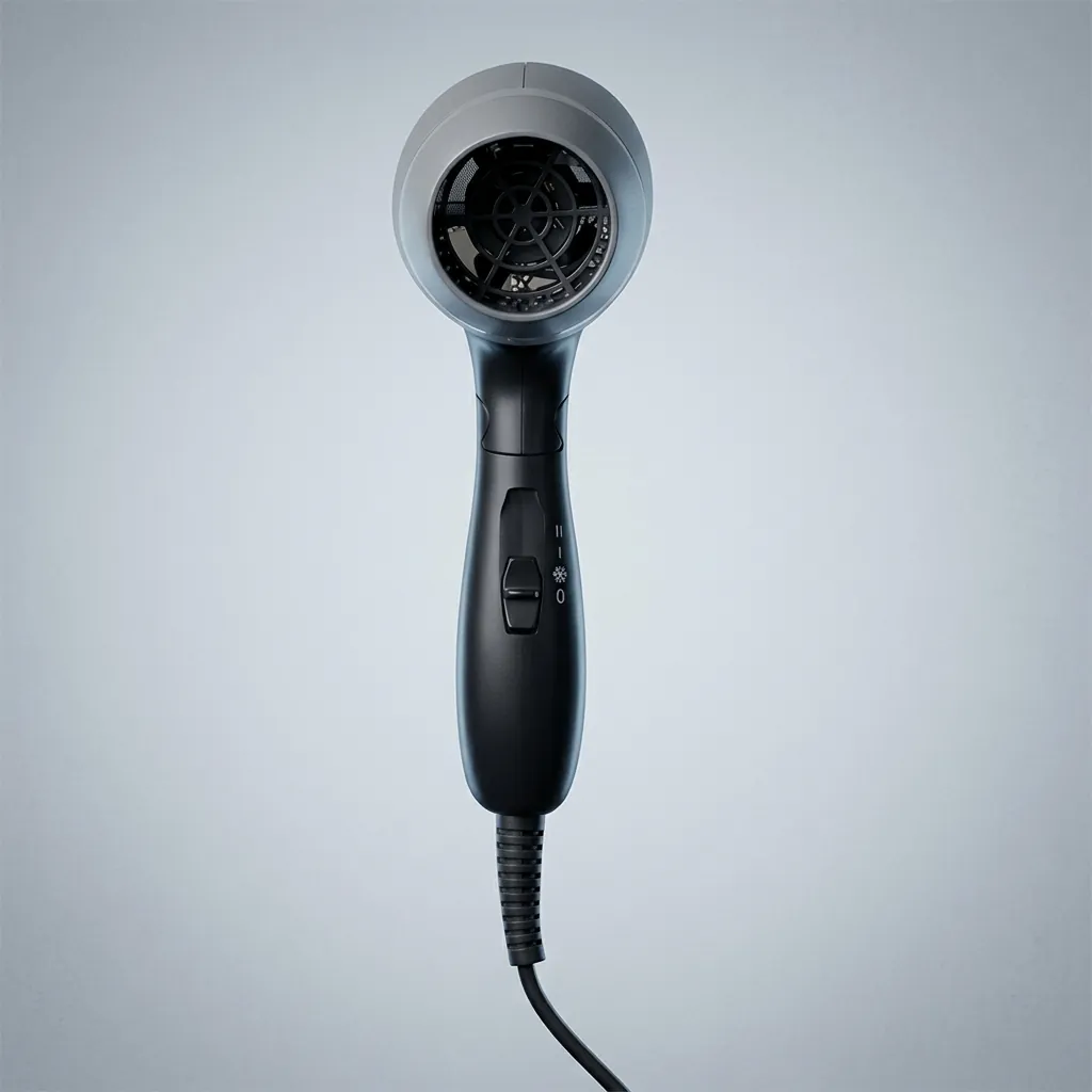 Foldable Hair Dryer 1200W [1034] — HDR-1034 — A foldable 1200W hair dryer with three temperatures including a cool shot and a chrome-finished rear cover. Over-heating protection and a simple on/off button make it reliable for guest use, while the foldable handle saves space. Measures 13x7.4x20cm, available in black or white. CE, CB, GCC and RoHS approved. (image 9)