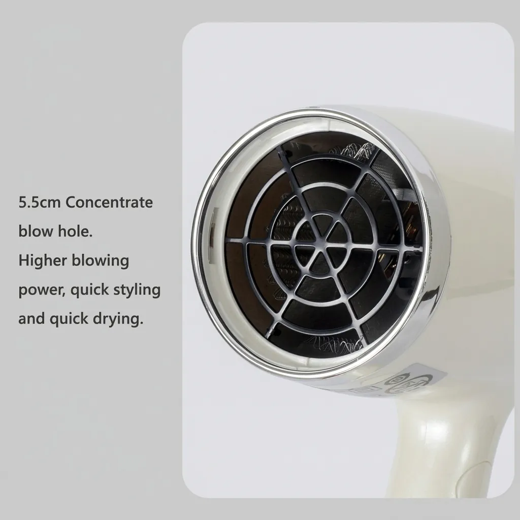 Foldable Hair Dryer 1200W [1035] — HDR-1035 — A foldable 1200W hair dryer with three temperature settings including cool air and a glossy chrome rear cover. The on/off button, over-heating protection and foldable handle make it easy and safe to use. Measures 13x7.4x20cm, available in black or white. CE, CB, GCC and RoHS approved. (image 2)