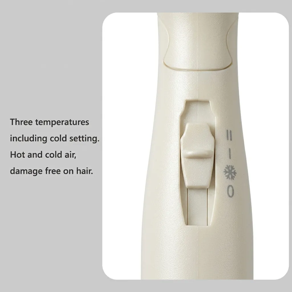 Foldable Hair Dryer 1200W [1035] — HDR-1035 — A foldable 1200W hair dryer with three temperature settings including cool air and a glossy chrome rear cover. The on/off button, over-heating protection and foldable handle make it easy and safe to use. Measures 13x7.4x20cm, available in black or white. CE, CB, GCC and RoHS approved. (image 3)
