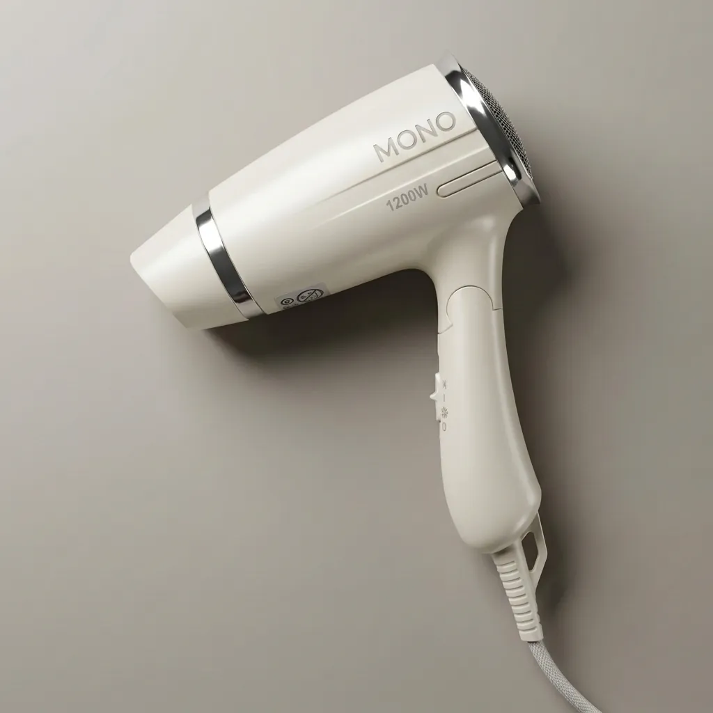 Foldable Hair Dryer 1200W [1035] — HDR-1035 — A foldable 1200W hair dryer with three temperature settings including cool air and a glossy chrome rear cover. The on/off button, over-heating protection and foldable handle make it easy and safe to use. Measures 13x7.4x20cm, available in black or white. CE, CB, GCC and RoHS approved. (image 1)