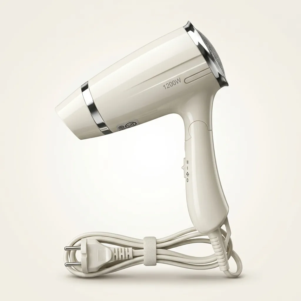 Foldable Hair Dryer 1200W [1035] — HDR-1035 — A foldable 1200W hair dryer with three temperature settings including cool air and a glossy chrome rear cover. The on/off button, over-heating protection and foldable handle make it easy and safe to use. Measures 13x7.4x20cm, available in black or white. CE, CB, GCC and RoHS approved. (image 4)
