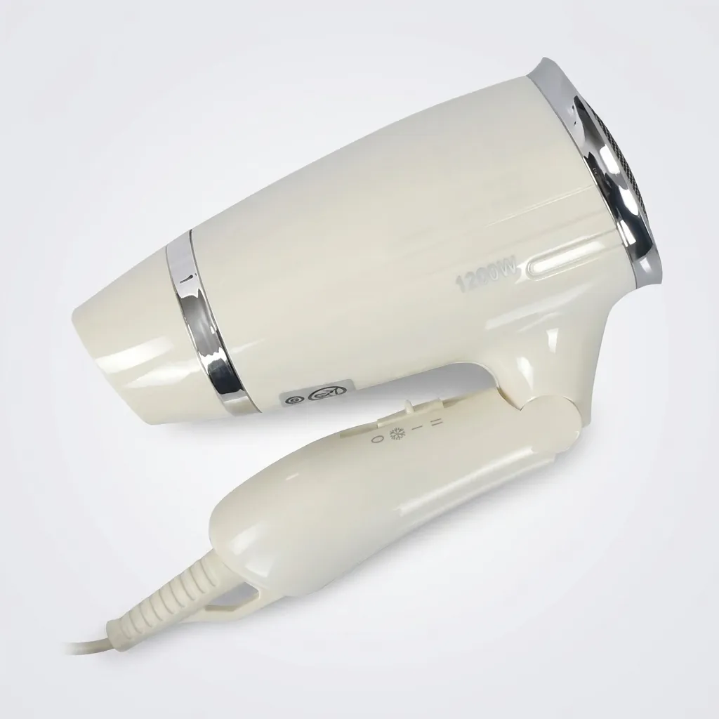 Foldable Hair Dryer 1200W [1035] — HDR-1035 — A foldable 1200W hair dryer with three temperature settings including cool air and a glossy chrome rear cover. The on/off button, over-heating protection and foldable handle make it easy and safe to use. Measures 13x7.4x20cm, available in black or white. CE, CB, GCC and RoHS approved. (image 5)