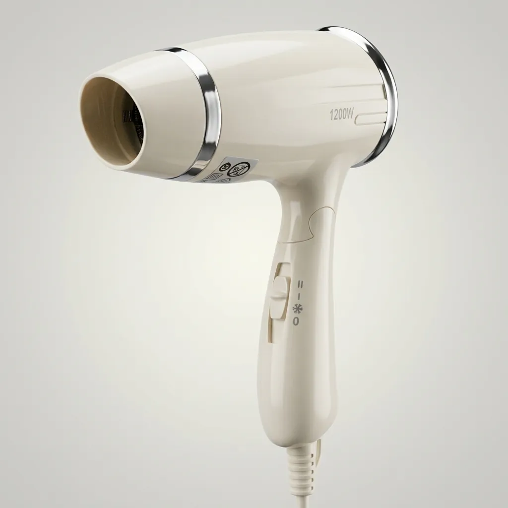 Foldable Hair Dryer 1200W [1035] — HDR-1035 — A foldable 1200W hair dryer with three temperature settings including cool air and a glossy chrome rear cover. The on/off button, over-heating protection and foldable handle make it easy and safe to use. Measures 13x7.4x20cm, available in black or white. CE, CB, GCC and RoHS approved. (image 7)