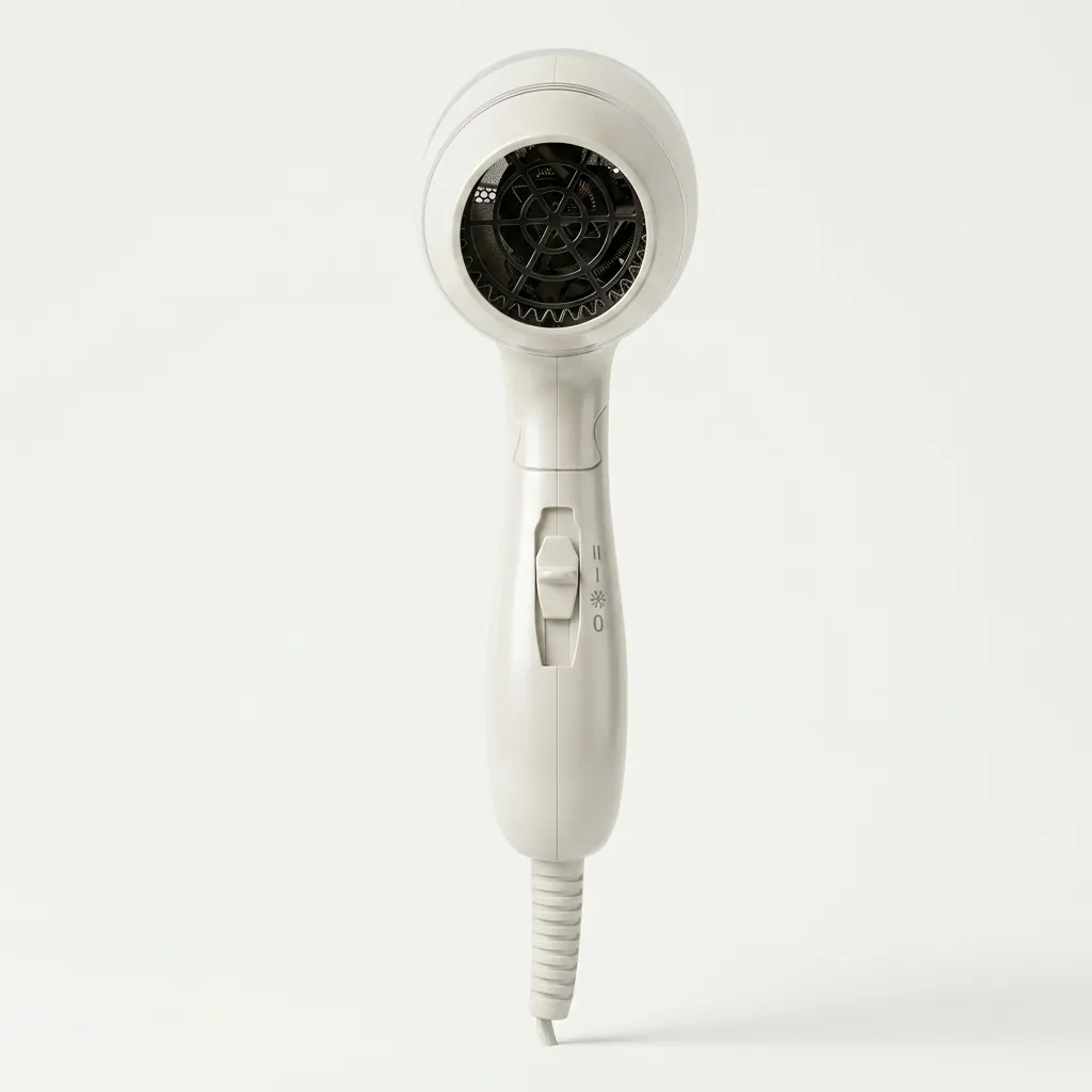 Foldable Hair Dryer 1200W [1035] — HDR-1035 — A foldable 1200W hair dryer with three temperature settings including cool air and a glossy chrome rear cover. The on/off button, over-heating protection and foldable handle make it easy and safe to use. Measures 13x7.4x20cm, available in black or white. CE, CB, GCC and RoHS approved. (image 8)