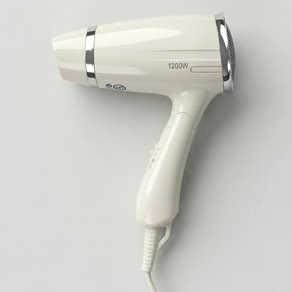 Foldable Hair Dryer 1200W [1035] — HDR-1035 — A foldable 1200W hair dryer with three temperature settings including cool air and a glossy chrome rear cover. The on/off button, over-heating protection and foldable handle make it easy and safe to use. Measures 13x7.4x20cm, available in black or white. CE, CB, GCC and RoHS approved. (image 9)