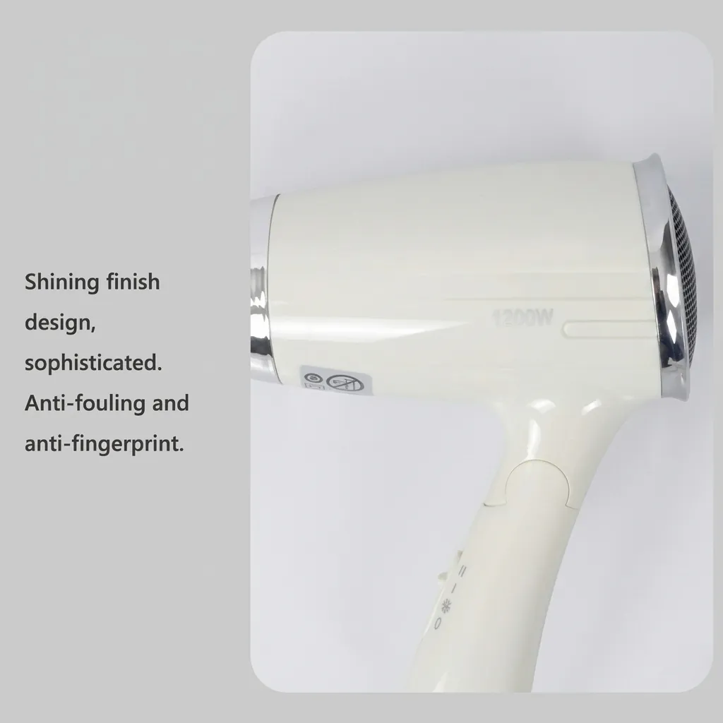 Foldable Hair Dryer 1200W [1035] — HDR-1035 — A foldable 1200W hair dryer with three temperature settings including cool air and a glossy chrome rear cover. The on/off button, over-heating protection and foldable handle make it easy and safe to use. Measures 13x7.4x20cm, available in black or white. CE, CB, GCC and RoHS approved. (image 10)