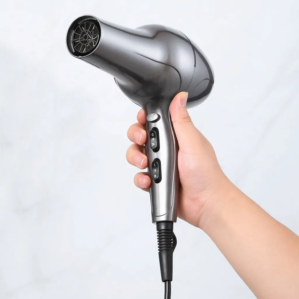 Professional Hair Dryer 1800W — HDR-1060 — A professional 1800W hair dryer with a durable matt finish, two wind speeds and three temperature settings. A strong 16m/s airflow and quiet long-life AC motor deliver fast, dependable drying, backed by a safety switch and overheat protection. The removable nozzle and air filter make cleaning easy, sized at 21x9x27.2cm. CE, CB, GCC and RoHS approved. (image 3)