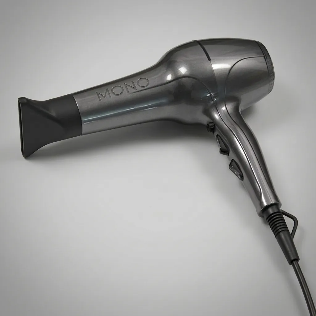 Professional Hair Dryer 1800W — HDR-1060 — A professional 1800W hair dryer with a durable matt finish, two wind speeds and three temperature settings. A strong 16m/s airflow and quiet long-life AC motor deliver fast, dependable drying, backed by a safety switch and overheat protection. The removable nozzle and air filter make cleaning easy, sized at 21x9x27.2cm. CE, CB, GCC and RoHS approved. (image 1)