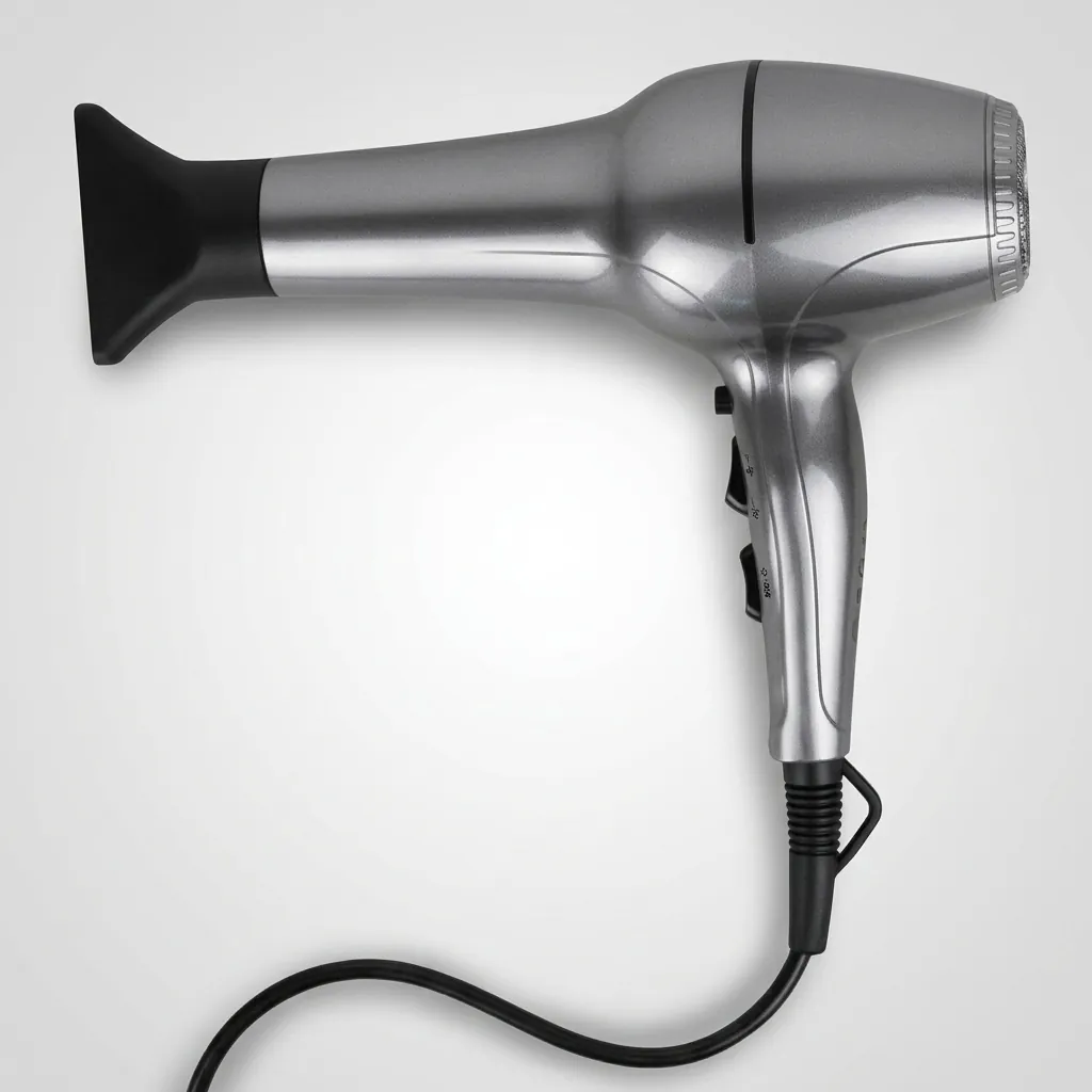Professional Hair Dryer 1800W — HDR-1060 — A professional 1800W hair dryer with a durable matt finish, two wind speeds and three temperature settings. A strong 16m/s airflow and quiet long-life AC motor deliver fast, dependable drying, backed by a safety switch and overheat protection. The removable nozzle and air filter make cleaning easy, sized at 21x9x27.2cm. CE, CB, GCC and RoHS approved. (image 5)