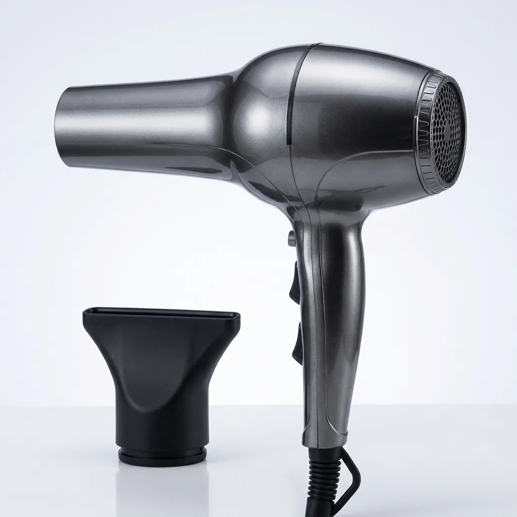 Professional Hair Dryer 1800W — HDR-1060 — A professional 1800W hair dryer with a durable matt finish, two wind speeds and three temperature settings. A strong 16m/s airflow and quiet long-life AC motor deliver fast, dependable drying, backed by a safety switch and overheat protection. The removable nozzle and air filter make cleaning easy, sized at 21x9x27.2cm. CE, CB, GCC and RoHS approved. (image 9)