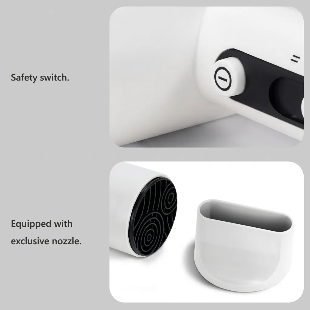 Wall-Mounted ABS Hammer Foldable Hair Dryer 1600 1800W [1065] — HDR-1065 — A wall-mounted foldable hair dryer rated 1600 to 1800W in durable matt ABS with a distinctive flower-shape front and rear. Two hot speeds plus cool air and a quiet branded motor deliver dependable drying, with a hotel safety button and overheat protection. Compact at 13x7.5x20cm, available in black, white or khaki. CE, CB, GCC and RoHS approved. (image 3)
