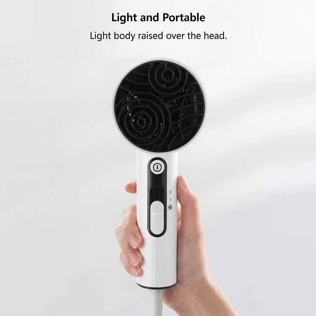 Wall-Mounted ABS Hammer Foldable Hair Dryer 1600 1800W [1065] — HDR-1065 — A wall-mounted foldable hair dryer rated 1600 to 1800W in durable matt ABS with a distinctive flower-shape front and rear. Two hot speeds plus cool air and a quiet branded motor deliver dependable drying, with a hotel safety button and overheat protection. Compact at 13x7.5x20cm, available in black, white or khaki. CE, CB, GCC and RoHS approved. (image 4)