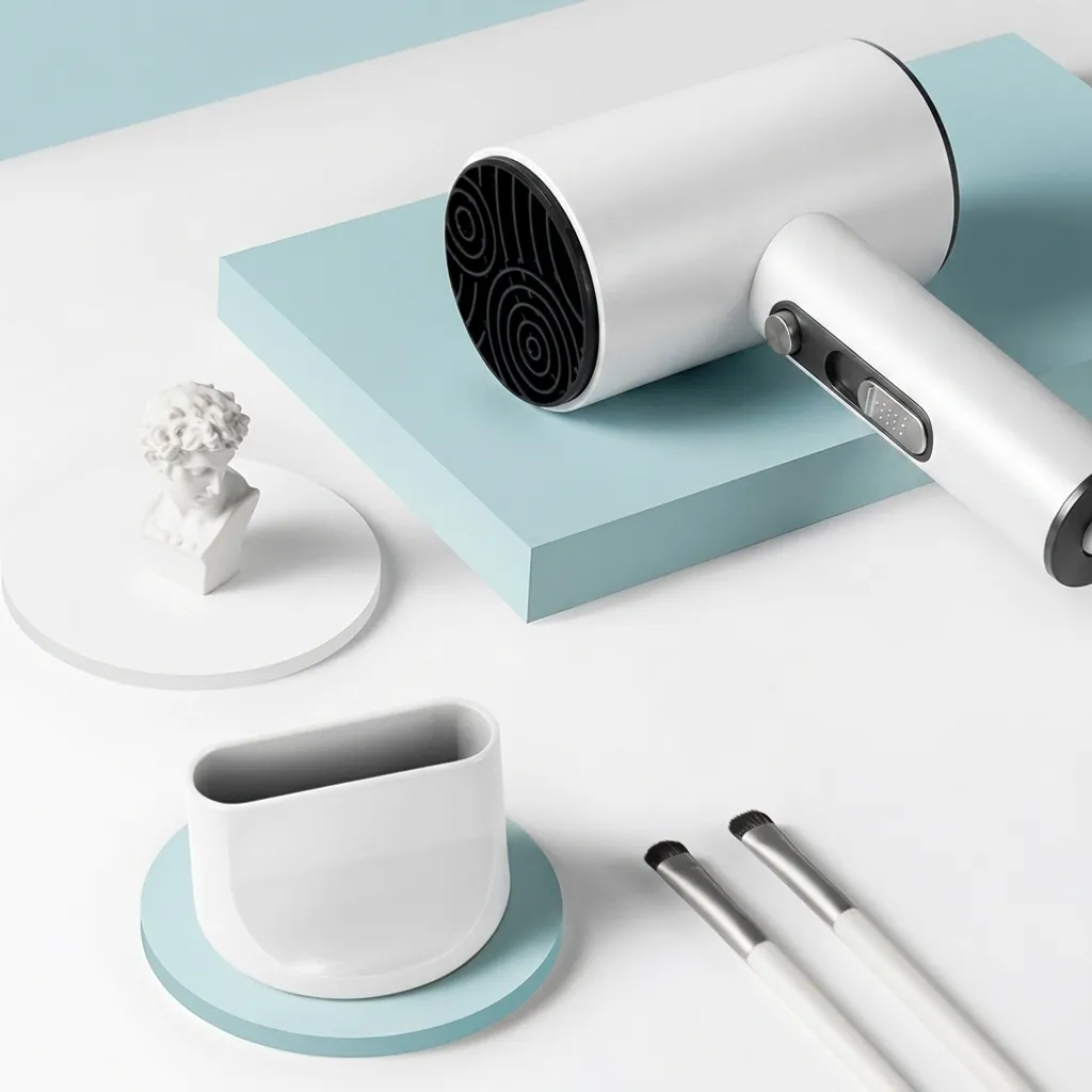Wall-Mounted ABS Hammer Foldable Hair Dryer 1600 1800W [1065] — HDR-1065 — A wall-mounted foldable hair dryer rated 1600 to 1800W in durable matt ABS with a distinctive flower-shape front and rear. Two hot speeds plus cool air and a quiet branded motor deliver dependable drying, with a hotel safety button and overheat protection. Compact at 13x7.5x20cm, available in black, white or khaki. CE, CB, GCC and RoHS approved. (image 5)