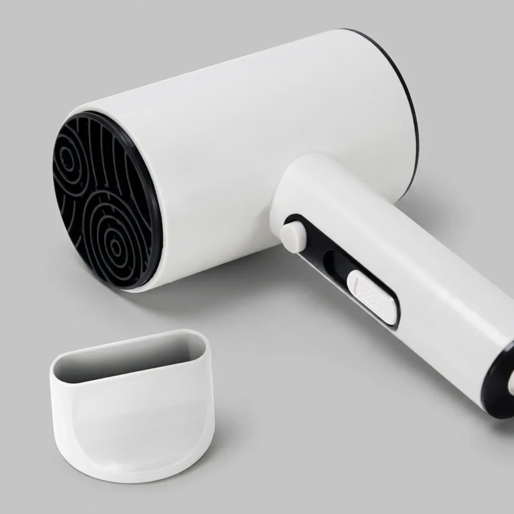 Wall-Mounted ABS Hammer Foldable Hair Dryer 1600 1800W [1065] — HDR-1065 — A wall-mounted foldable hair dryer rated 1600 to 1800W in durable matt ABS with a distinctive flower-shape front and rear. Two hot speeds plus cool air and a quiet branded motor deliver dependable drying, with a hotel safety button and overheat protection. Compact at 13x7.5x20cm, available in black, white or khaki. CE, CB, GCC and RoHS approved. (image 6)