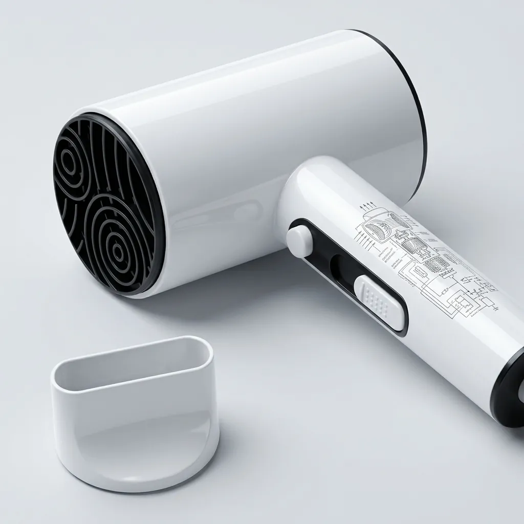 Wall-Mounted ABS Hammer Foldable Hair Dryer 1600 1800W [1065] — HDR-1065 — A wall-mounted foldable hair dryer rated 1600 to 1800W in durable matt ABS with a distinctive flower-shape front and rear. Two hot speeds plus cool air and a quiet branded motor deliver dependable drying, with a hotel safety button and overheat protection. Compact at 13x7.5x20cm, available in black, white or khaki. CE, CB, GCC and RoHS approved. (image 7)