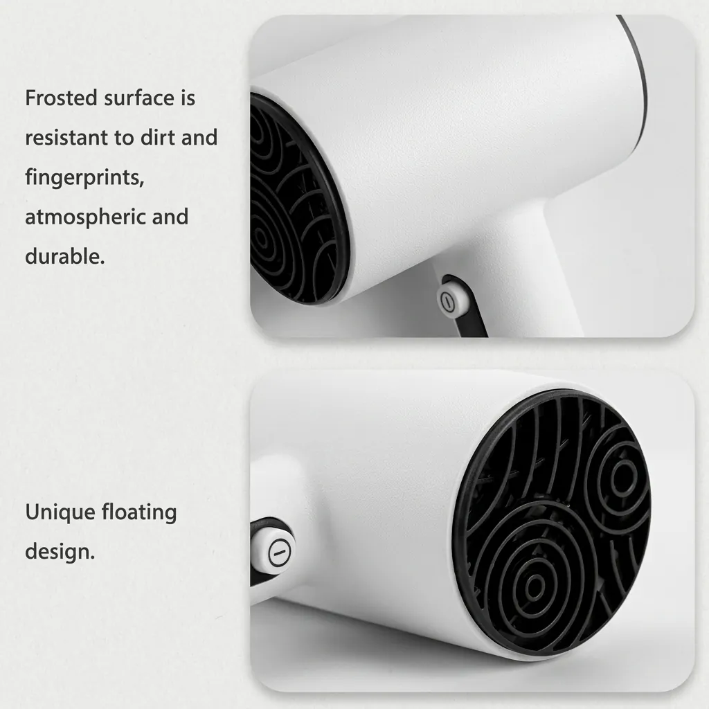 Wall-Mounted ABS Hammer Foldable Hair Dryer 1600 1800W [1065] — HDR-1065 — A wall-mounted foldable hair dryer rated 1600 to 1800W in durable matt ABS with a distinctive flower-shape front and rear. Two hot speeds plus cool air and a quiet branded motor deliver dependable drying, with a hotel safety button and overheat protection. Compact at 13x7.5x20cm, available in black, white or khaki. CE, CB, GCC and RoHS approved. (image 8)