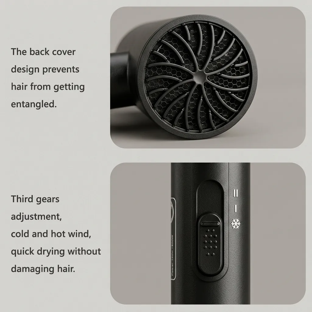 Wall-Mounted ABS Hammer Foldable Hair Dryer 1600 1800W [1066] — HDR-1066 — A wall-mounted foldable hair dryer rated 1600 to 1800W in matt ABS, styled with a flower-shape front and rear. It offers two hot speeds plus cool air, a quiet branded motor, a hotel safety button and overheat protection. Compact at 13x7.5x20cm, available in black, white or khaki. CE, CB, GCC and RoHS approved. (image 5)