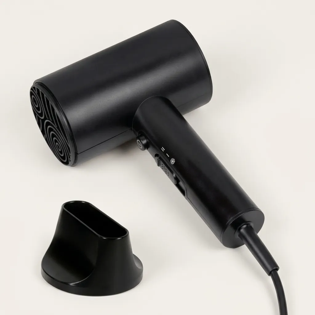 Wall-Mounted ABS Hammer Foldable Hair Dryer 1600 1800W [1066] — HDR-1066 — A wall-mounted foldable hair dryer rated 1600 to 1800W in matt ABS, styled with a flower-shape front and rear. It offers two hot speeds plus cool air, a quiet branded motor, a hotel safety button and overheat protection. Compact at 13x7.5x20cm, available in black, white or khaki. CE, CB, GCC and RoHS approved. (image 7)