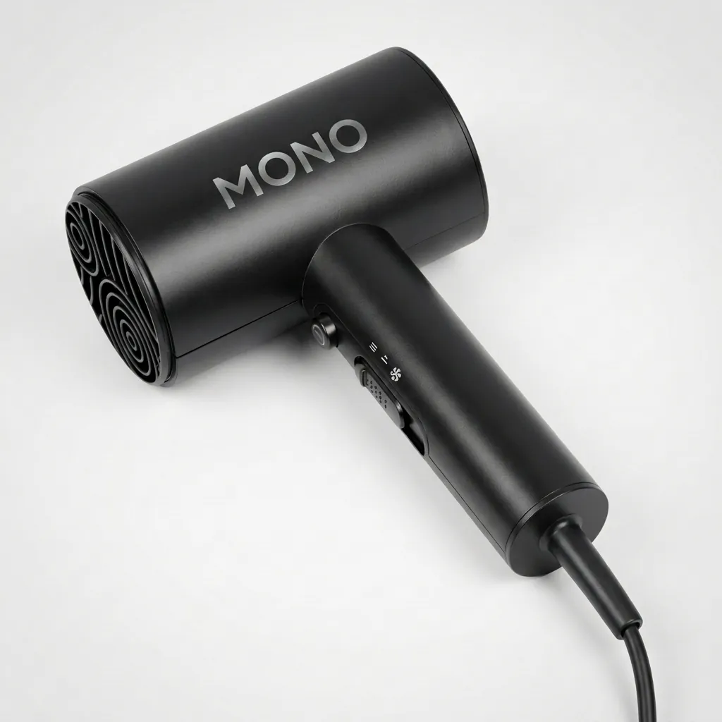 Wall-Mounted ABS Hammer Foldable Hair Dryer 1600 1800W [1066] — HDR-1066 — A wall-mounted foldable hair dryer rated 1600 to 1800W in matt ABS, styled with a flower-shape front and rear. It offers two hot speeds plus cool air, a quiet branded motor, a hotel safety button and overheat protection. Compact at 13x7.5x20cm, available in black, white or khaki. CE, CB, GCC and RoHS approved. (image 1)