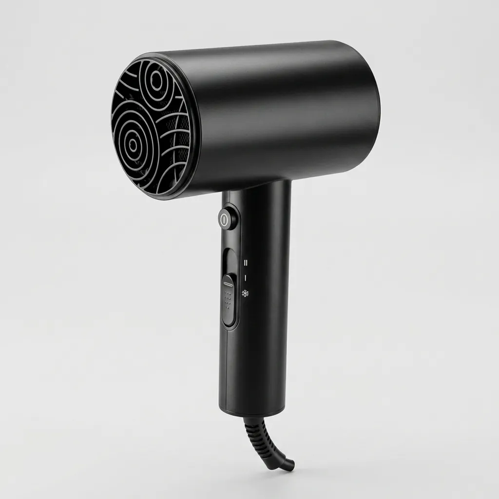 Wall-Mounted ABS Hammer Foldable Hair Dryer 1600 1800W [1066] — HDR-1066 — A wall-mounted foldable hair dryer rated 1600 to 1800W in matt ABS, styled with a flower-shape front and rear. It offers two hot speeds plus cool air, a quiet branded motor, a hotel safety button and overheat protection. Compact at 13x7.5x20cm, available in black, white or khaki. CE, CB, GCC and RoHS approved. (image 8)