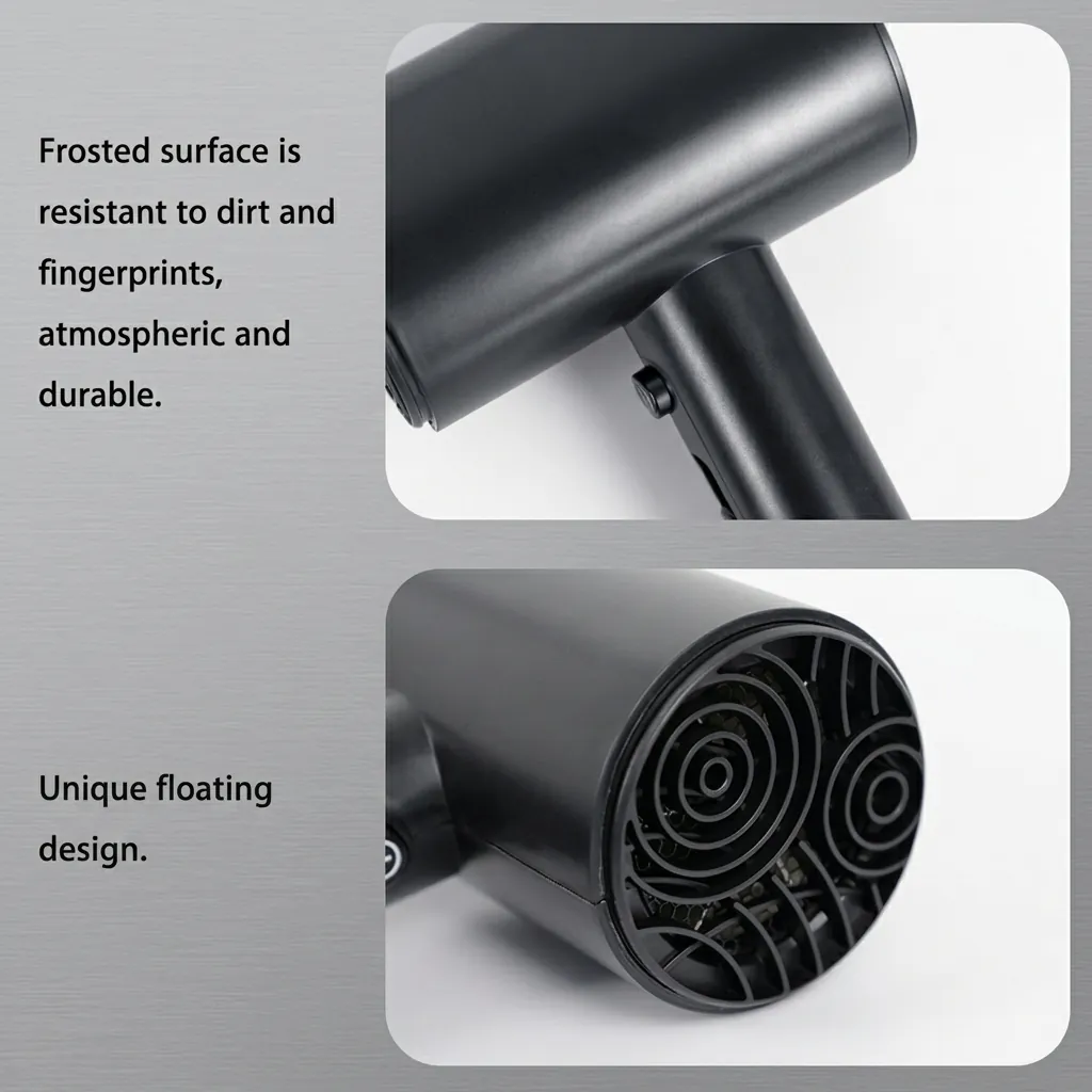 ABS Hammer Wall Mounted Hair Dryer 1600 1800W [1069] — HDR-1069 — A wall-mounted hair dryer rated 1600 to 1800W in durable matt ABS with a flower-shape front and rear. Two hot speeds plus cool air and a quiet branded motor deliver dependable drying, with a hotel safety button and overheat protection. Sized at 13x7x26cm, available in black, white or khaki. CE, CB, GCC and RoHS approved. (image 4)