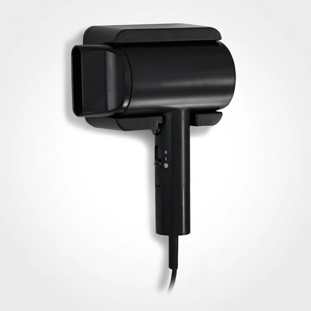 ABS Hammer Wall Mounted Hair Dryer 1600 1800W [1069] — HDR-1069 — A wall-mounted hair dryer rated 1600 to 1800W in durable matt ABS with a flower-shape front and rear. Two hot speeds plus cool air and a quiet branded motor deliver dependable drying, with a hotel safety button and overheat protection. Sized at 13x7x26cm, available in black, white or khaki. CE, CB, GCC and RoHS approved. (image 7)