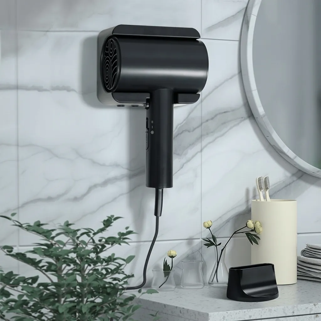 ABS Hammer Wall Mounted Hair Dryer 1600 1800W [1069] — HDR-1069 — A wall-mounted hair dryer rated 1600 to 1800W in durable matt ABS with a flower-shape front and rear. Two hot speeds plus cool air and a quiet branded motor deliver dependable drying, with a hotel safety button and overheat protection. Sized at 13x7x26cm, available in black, white or khaki. CE, CB, GCC and RoHS approved. (image 9)