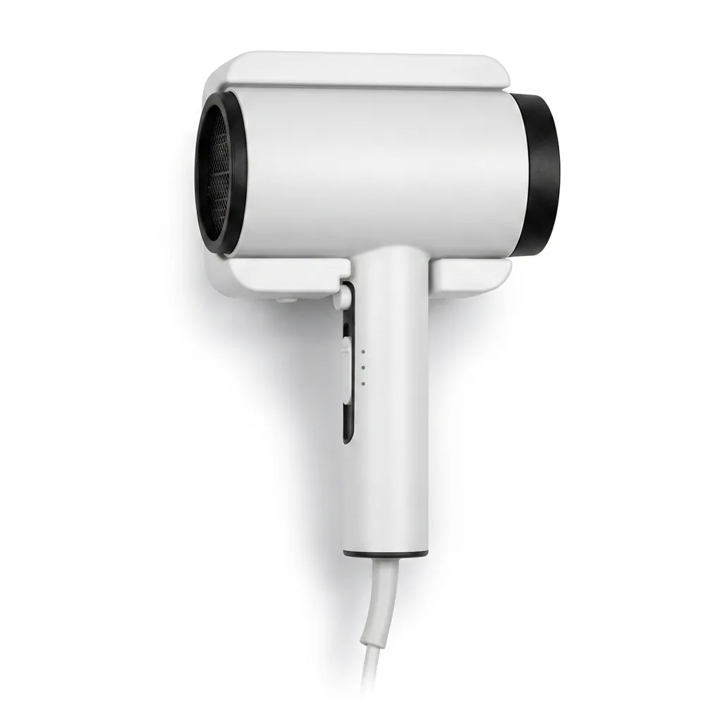 ABS Hammer Wall Mounted Hair Dryer 1600 1800W [1070] — HDR-1070 — A wall-mounted hair dryer rated 1600 to 1800W in matt ABS, styled with a flower-shape front and rear. It pairs two hot speeds and cool air with a quiet branded motor, a hotel safety button and overheat protection. Sized at 13x7x26cm, available in black, white or khaki. CE, CB, GCC and RoHS approved. (image 5)