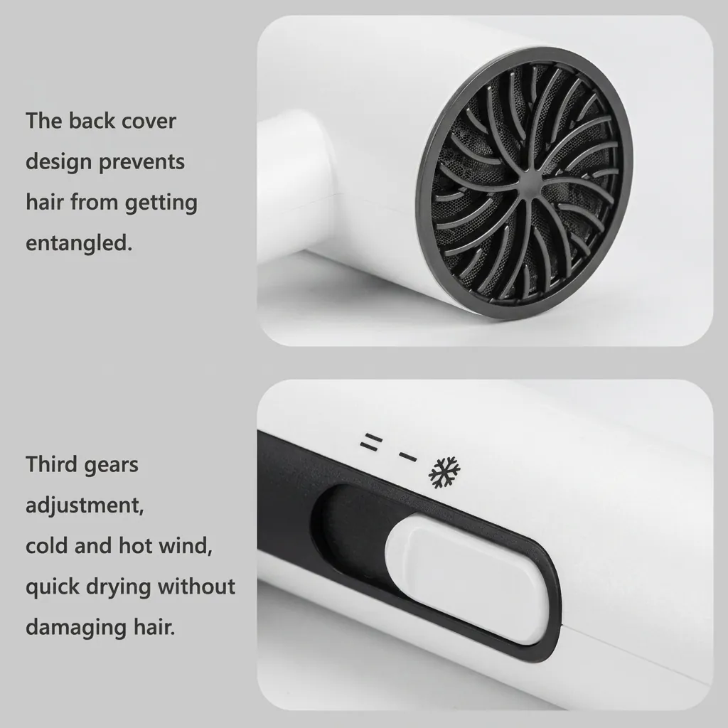 ABS Hammer Wall Mounted Hair Dryer 1600 1800W [1070] — HDR-1070 — A wall-mounted hair dryer rated 1600 to 1800W in matt ABS, styled with a flower-shape front and rear. It pairs two hot speeds and cool air with a quiet branded motor, a hotel safety button and overheat protection. Sized at 13x7x26cm, available in black, white or khaki. CE, CB, GCC and RoHS approved. (image 7)