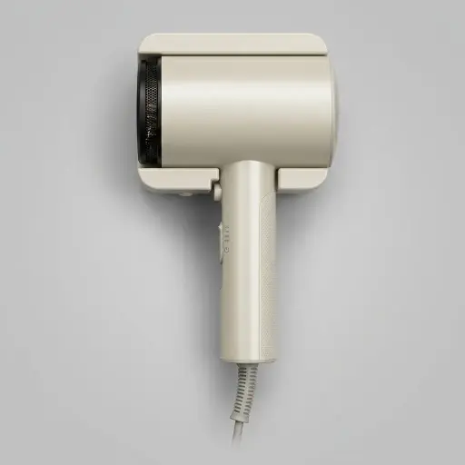 ABS Hammer Wall Mounted Hair Dryer 1600 1800W [1071] — HDR-1071 — A wall-mounted hair dryer rated 1600 to 1800W in durable matt ABS with a distinctive flower-shape design. Two hot speeds plus cool air, a quiet branded motor, a hotel safety button and overheat protection make it reliable for guest rooms. Sized at 13x7x26cm, available in black, white or khaki. CE, CB, GCC and RoHS approved.
