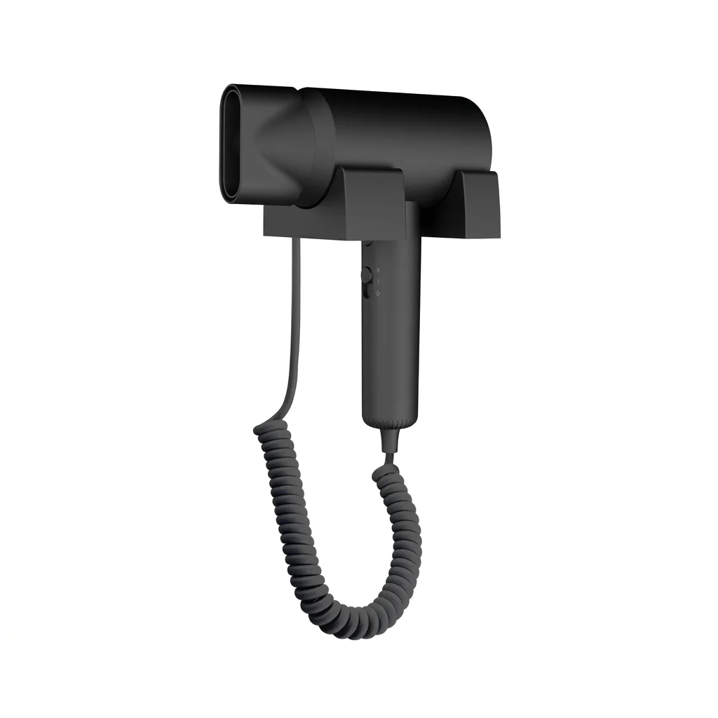 Wall-Mounted ABS Hammer Hair Dryer 1600-1800W (Black) — HDR-1074 — A wall-mounted hammer-style hair dryer in matt-finish black ABS, delivering 1600-1800W across three speed settings. A built-in safety switch and 17m/s airflow dry hair quickly while the fixed mount keeps counters clear in guest bathrooms.