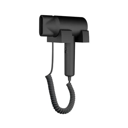 Wall-Mounted ABS Hammer Hair Dryer 1600-1800W (Black) — HDR-1074 — A wall-mounted hammer-style hair dryer in matt-finish black ABS, delivering 1600-1800W across three speed settings. A built-in safety switch and 17m/s airflow dry hair quickly while the fixed mount keeps counters clear in guest bathrooms.