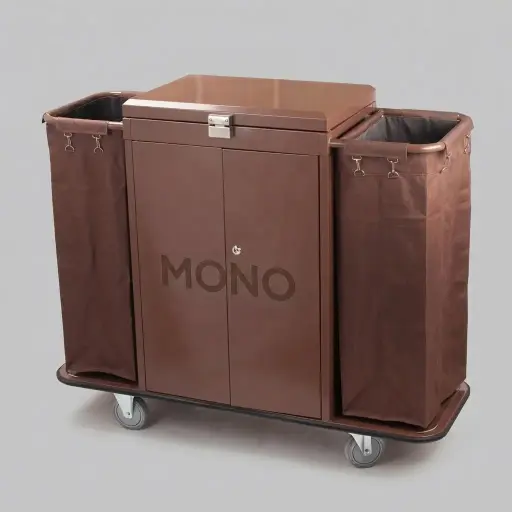 Housekeeping Trolley — HKT-1025 — A powder-coated metal housekeeping trolley with two lockable doors, three tiers and an amenities tray top. Two washable polyester laundry bags handle used linen, while the enclosed shelves keep supplies secure. Rolls smoothly on four 5-inch swivel wheels with a generous 200kg capacity, measuring 120x142x46cm.