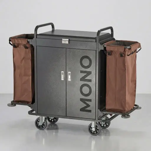 Stainless Steel Housekeeping Trolley with 2 Linen Bags [1026] — HKT-1026 — A full-steel housekeeping trolley powder-coated in dark grey, with two doors, three internal shelves and a sorting tray with a lockable lid. Folding bars on each end hang washing or rubbish bags, and it includes two high-resistance 120L brown linen bags. A full bumper and stainless steel wheels add durability, measuring 1460x495x1190mm.