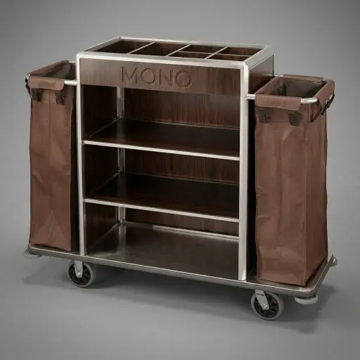 Stainless Steel Housekeeping Trolley with 2 Linen Bags [1028] — HKT-1028 — A stainless steel housekeeping trolley with a wood-effect coated frame, three internal shelves and a top sorting tray. It includes two high-resistance brown canvas bags and rolls on 6-inch solid wheels with two fixed and two swivel castors. A non-marking bumper protects surfaces, with up to 150kg capacity, measuring 1420x460x1220mm.
