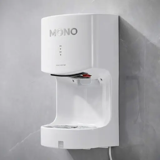 Automatic Hand Dryer [1025] — HND-1025 — An automatic ABS hand dryer with hands-free infrared sensing that dries hands in 10 to 12 seconds at a powerful 125km/h airflow. A hot and cool air switch and IPX1 splash resistance make it practical for busy washrooms, drawing 1200W. Measures 25x17x47cm for easy wall mounting.
