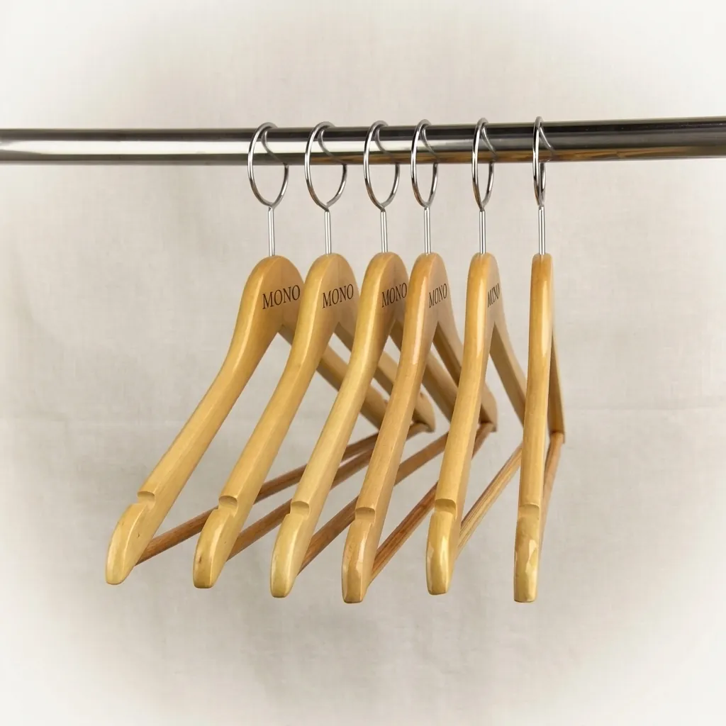 Anti-Theft Wooden Clothes Hanger — HNG-1027 — An anti-theft maple wood hanger with a fixed chrome hook designed for hotel wardrobes. The smooth, sturdy build keeps garments tidy while discouraging removal from the rail. Supplied 100 pieces per carton, measuring 44.5cm wide. (image 1)