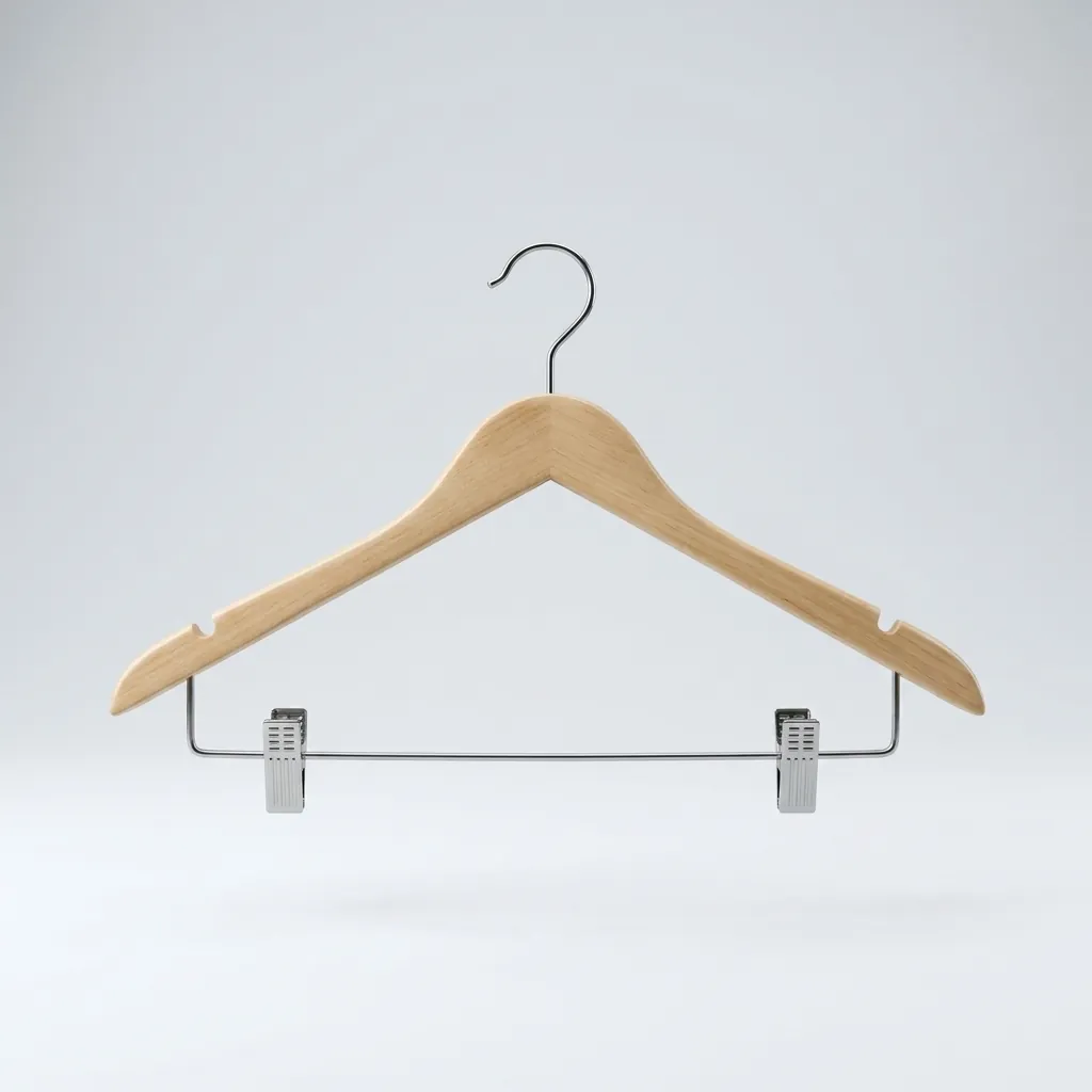 Maple Wood Anti-Theft Clothes Hanger with Clips — HNG-1028 — An anti-theft maple wood hanger with a fixed chrome hook and integrated clips for trousers and skirts. Sturdy and smooth, it keeps garments crease-free and secured to the wardrobe rail. Packed 100 pieces per carton. (image 2)