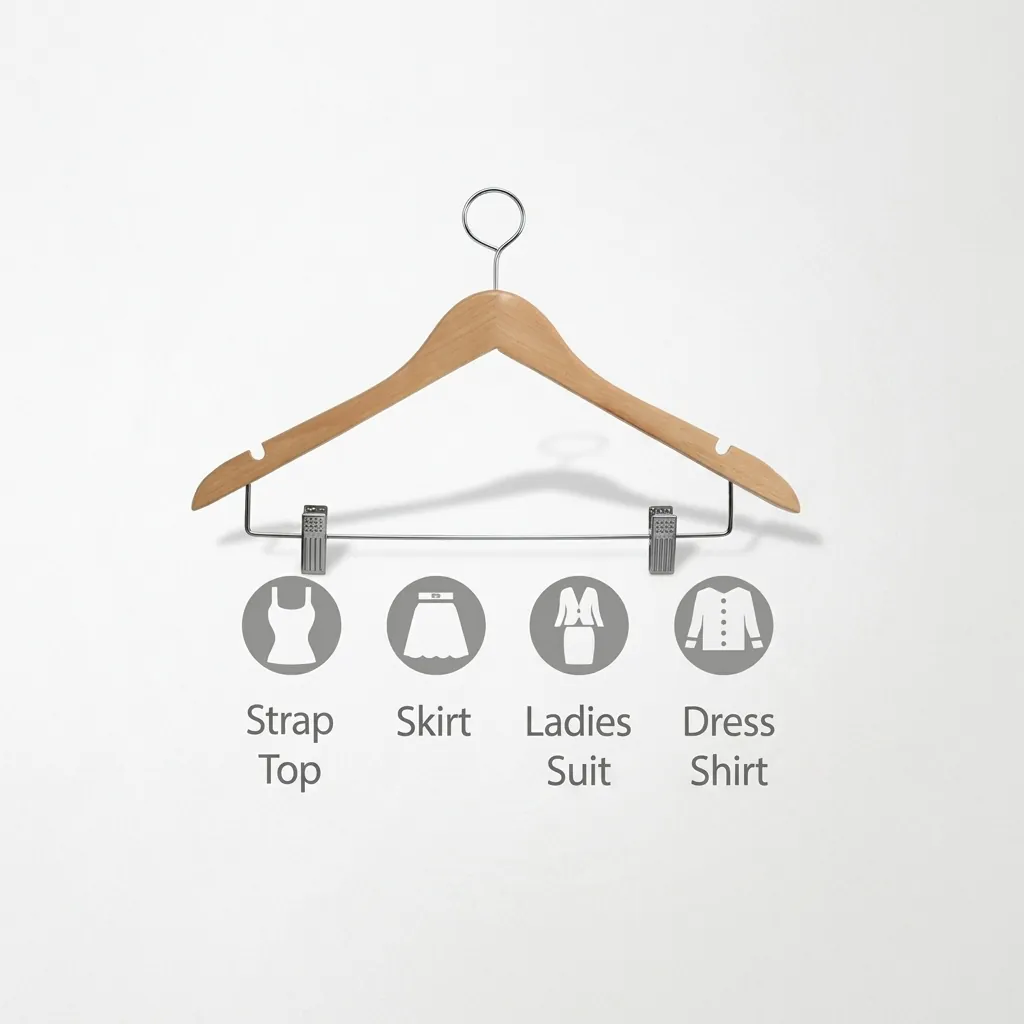 Maple Wood Anti-Theft Clothes Hanger with Clips — HNG-1028 — An anti-theft maple wood hanger with a fixed chrome hook and integrated clips for trousers and skirts. Sturdy and smooth, it keeps garments crease-free and secured to the wardrobe rail. Packed 100 pieces per carton. (image 3)