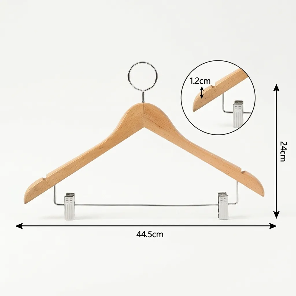 Maple Wood Anti-Theft Clothes Hanger with Clips — HNG-1028 — An anti-theft maple wood hanger with a fixed chrome hook and integrated clips for trousers and skirts. Sturdy and smooth, it keeps garments crease-free and secured to the wardrobe rail. Packed 100 pieces per carton. (image 4)