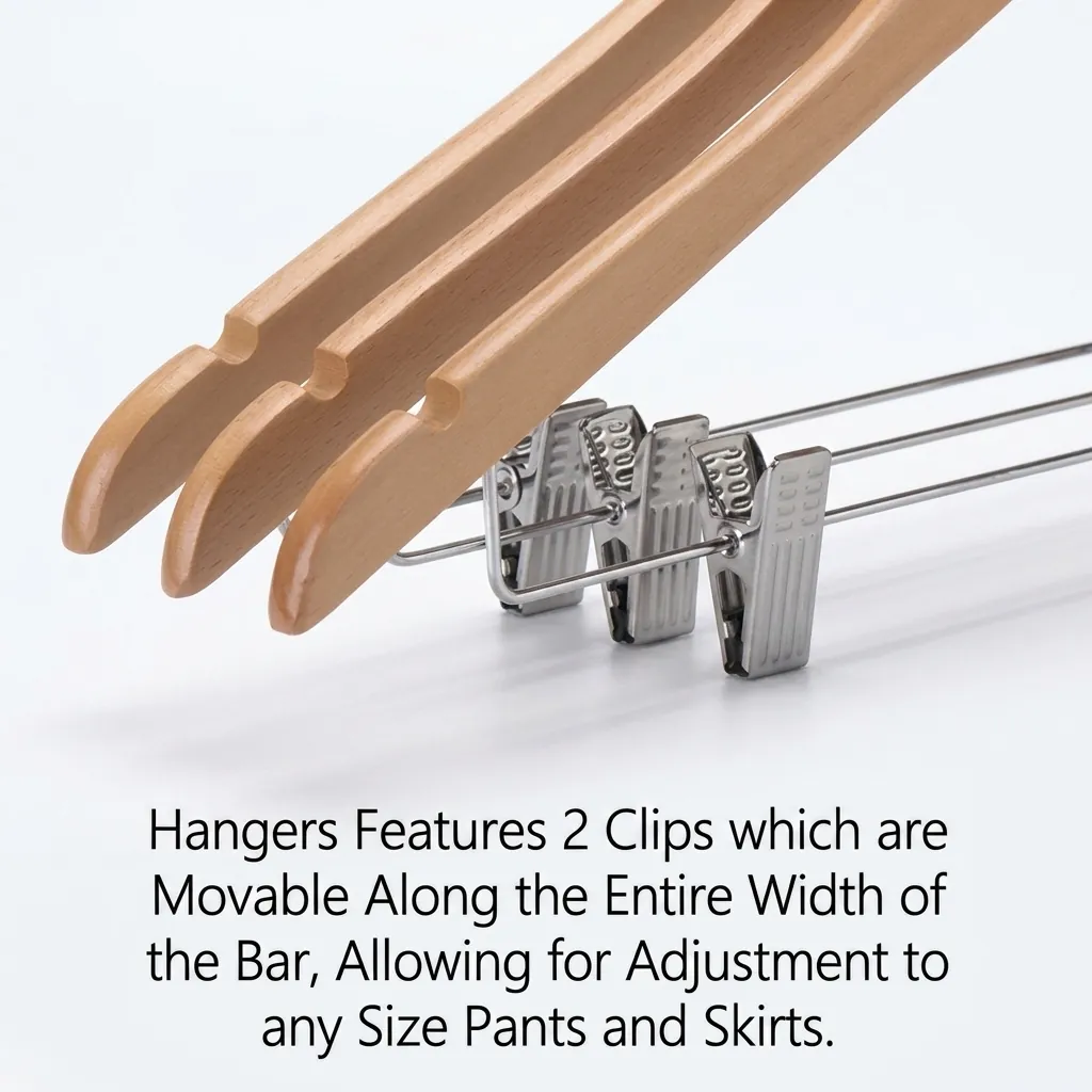 Maple Wood Anti-Theft Clothes Hanger with Clips — HNG-1028 — An anti-theft maple wood hanger with a fixed chrome hook and integrated clips for trousers and skirts. Sturdy and smooth, it keeps garments crease-free and secured to the wardrobe rail. Packed 100 pieces per carton. (image 5)