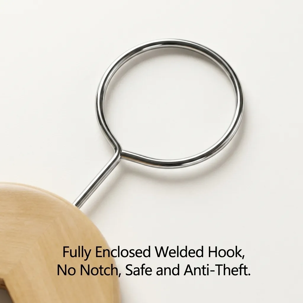 Maple Wood Anti-Theft Clothes Hanger with Clips — HNG-1028 — An anti-theft maple wood hanger with a fixed chrome hook and integrated clips for trousers and skirts. Sturdy and smooth, it keeps garments crease-free and secured to the wardrobe rail. Packed 100 pieces per carton. (image 6)