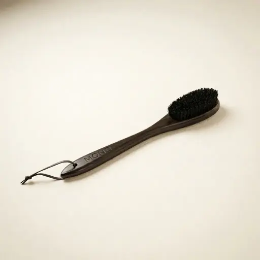 Hotel Round Wood Clothes Brush — HNG-1031 — A 38cm wooden clothes brush with a rounded head, soft black bristles and a hanging strap for easy storage. It keeps suits and coats lint-free as part of the in-room wardrobe set. Supplied 144 pieces per carton, in black or mahogany.