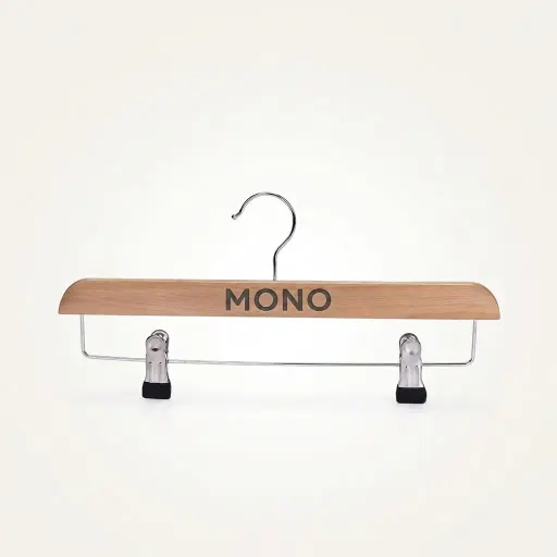Wooden Clothes Hanger with Clips [1033] — HNG-1033 — A Chinese cherry wood clothes hanger with a thickened straight bar and built-in clips for trousers and skirts. The warm wood tone and smooth finish suit refined guest wardrobes. Supplied 100 pieces per carton, measuring 35cm wide.