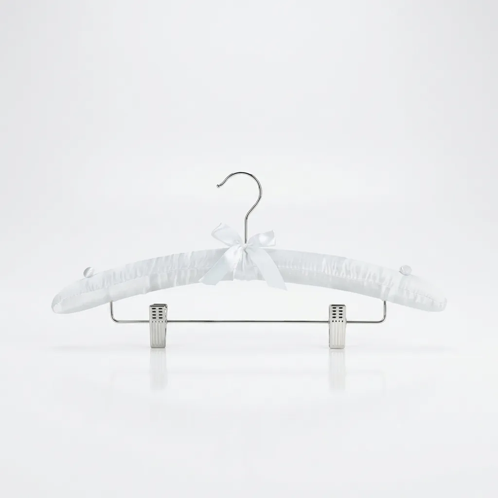 Satin Padded Hanger With Clips — HNG-1034 — A satin-padded hanger with a non-slip rubber-covered hook and built-in clips for trousers and skirts. The soft satin protects garments while a chrome holder adds polish. Packed 100 pieces per carton, black or white. (image 2)
