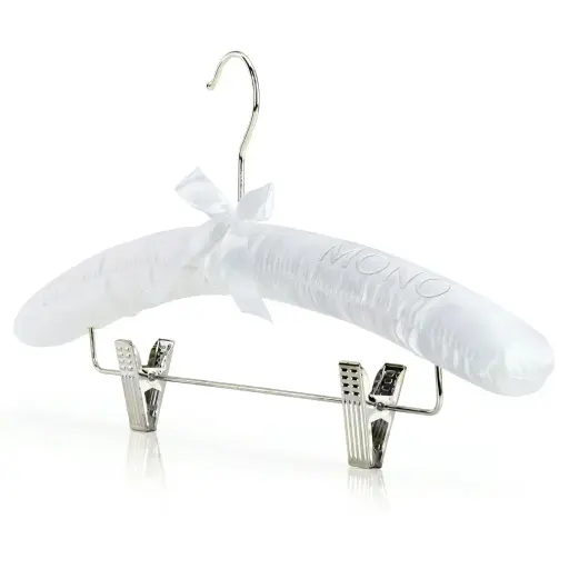 Satin Padded Hanger With Clips — HNG-1034 — A satin-padded hanger with a non-slip rubber-covered hook and built-in clips for trousers and skirts. The soft satin protects delicate garments while a chrome holder adds a polished look. Supplied 100 pieces per carton, measuring 38cm wide, in black or white.