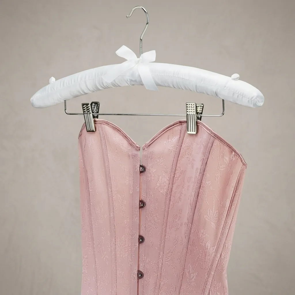 Satin Padded Hanger With Clips — HNG-1034 — A satin-padded hanger with a non-slip rubber-covered hook and built-in clips for trousers and skirts. The soft satin protects garments while a chrome holder adds polish. Packed 100 pieces per carton, black or white. (image 5)