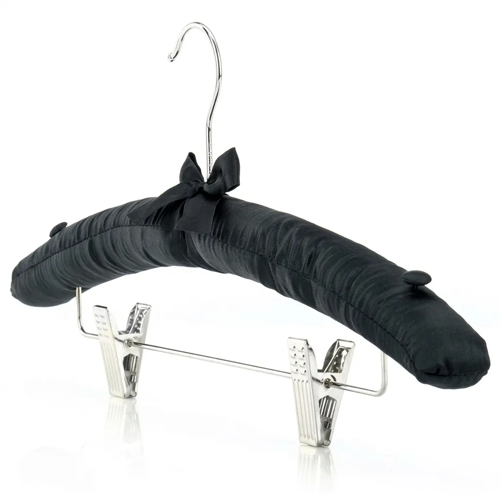 Satin Padded Hanger With Clips — HNG-1034 — A satin-padded hanger with a non-slip rubber-covered hook and built-in clips for trousers and skirts. The soft satin protects garments while a chrome holder adds polish. Packed 100 pieces per carton, black or white. (image 6)